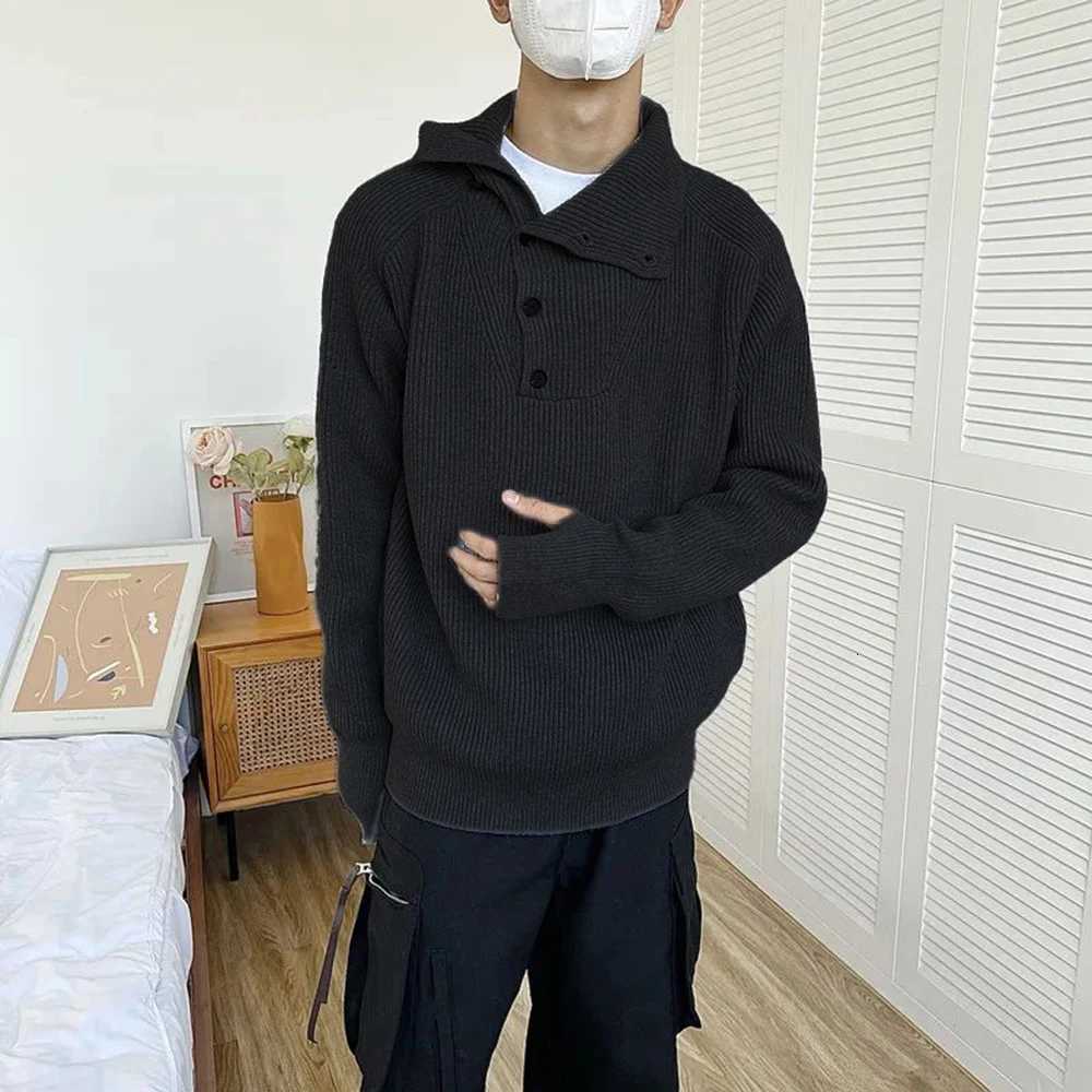 Mens Casual Solid Color Loose Turtleneck Knitted Sweater Genderless Autumn Winter Button Decoration Retro Knitted Sweater UnisexZ250918