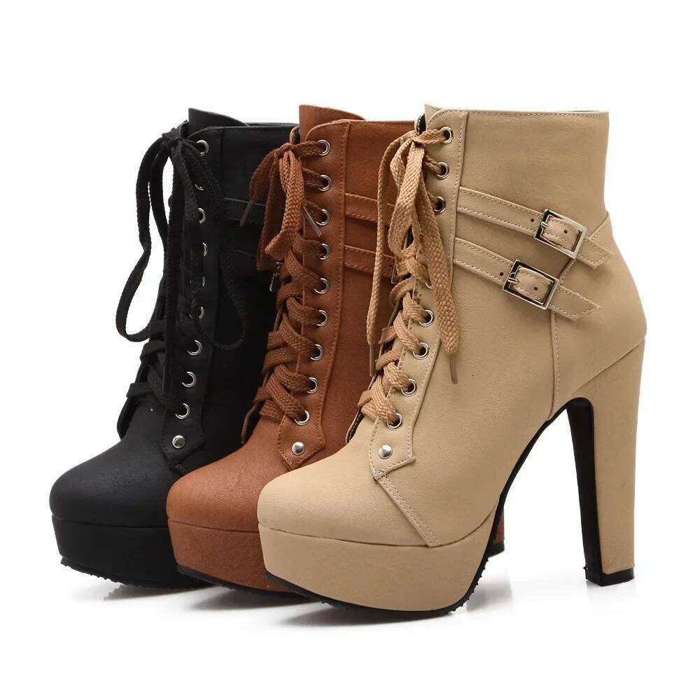 Autumn Shoes High Heel Platform for Women Fashion Lace Up Heeled Women's Ankle Boots Dress Party Ladies Short Botas