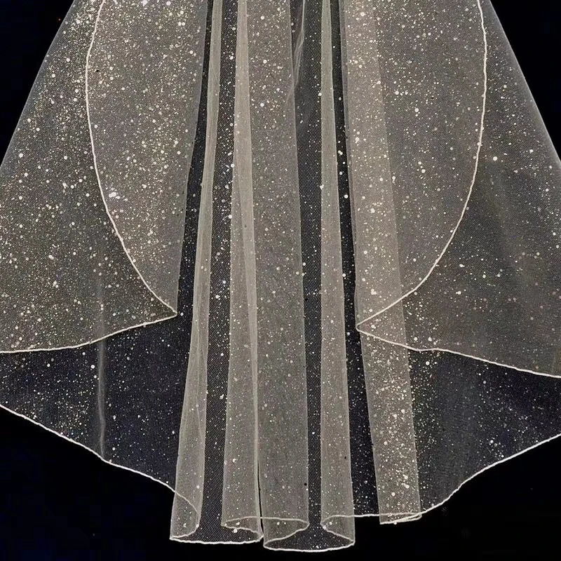 B62 Short Bridal Veil with Comb Pencil Edge Wedding Veil Turkish Veil Glitter Veil White Champagne Bride Veil 250917