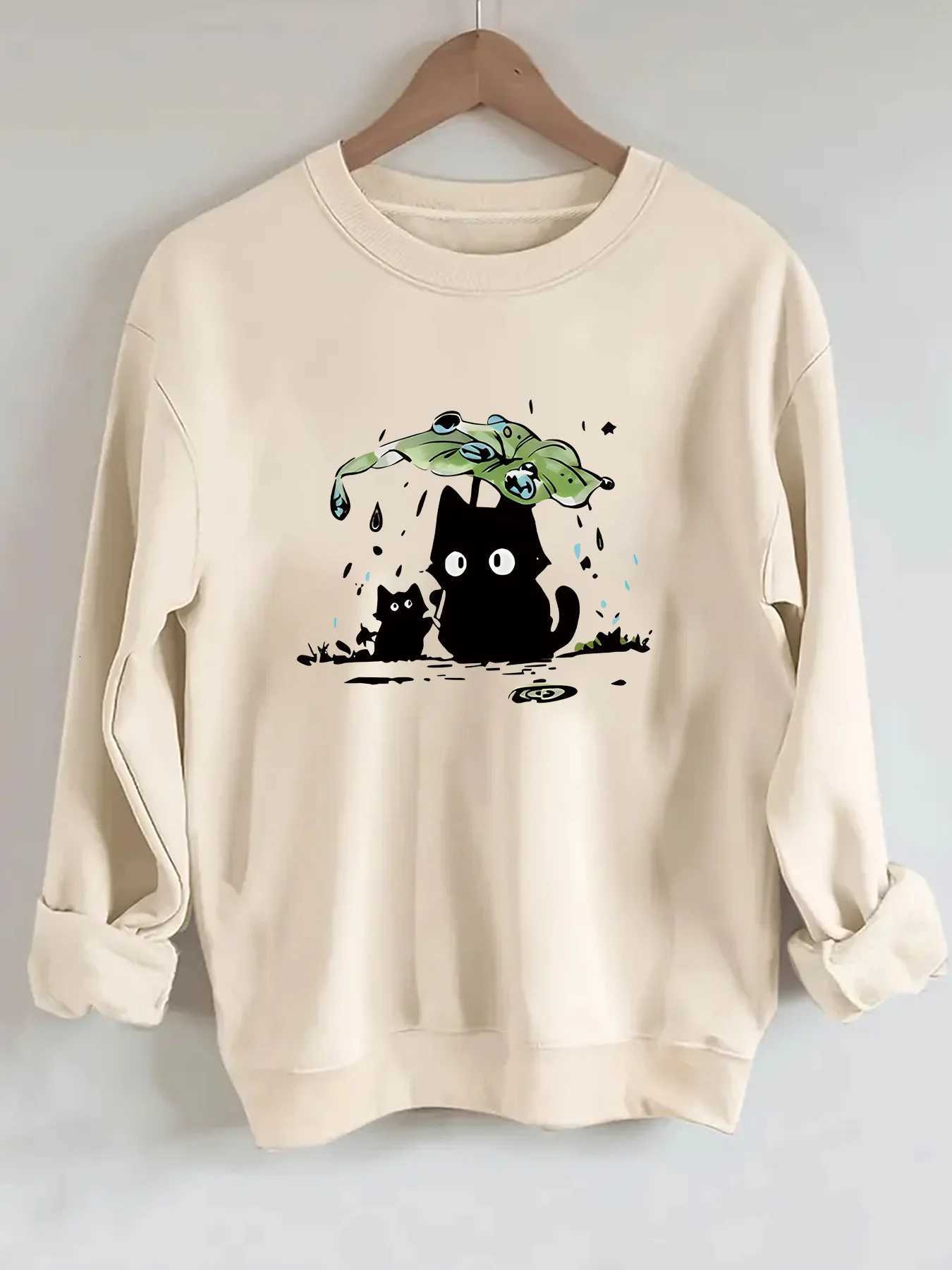 Two Cats with Lotus Leaves To Block Rain Print Women Hoodie for Autumn and Winter 2025 Round Neck Long Sleeved Womens ClothingZ250918