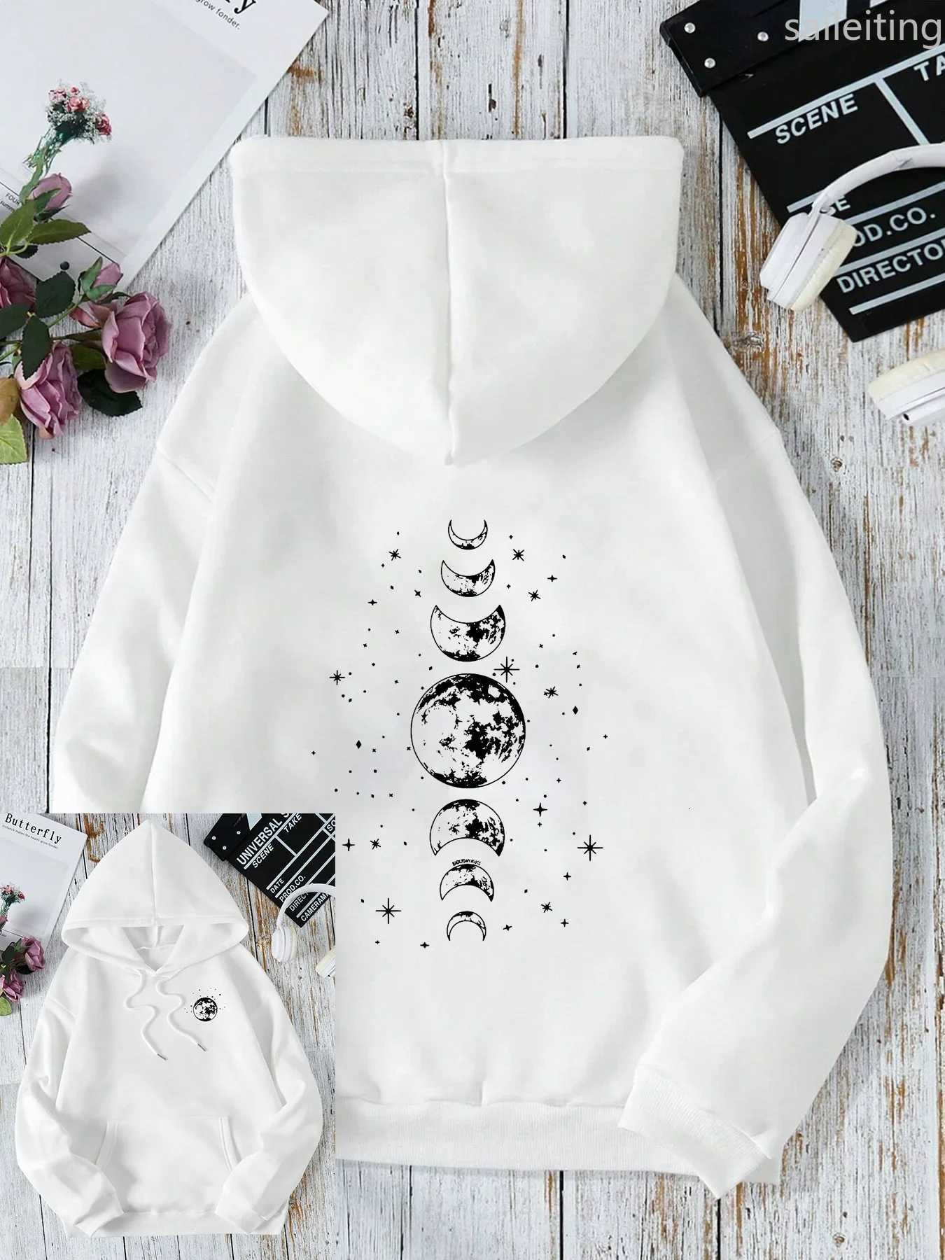 New with Different Moon Prints Front and Back Printed kangaroo pocket Hoodies Casual and Fashionable Womens ClothingZ250918
