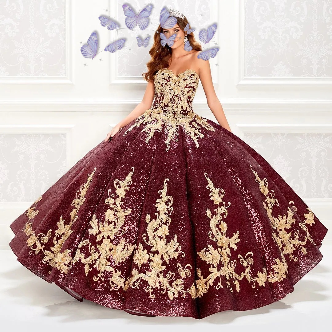 Sparkly Beaded Burgundy Sequined Ball Gown Quinceanera Dresses Sweetheart Neck Lace Appliqued Prom Gowns Sweep Train Sweet 15 Dress