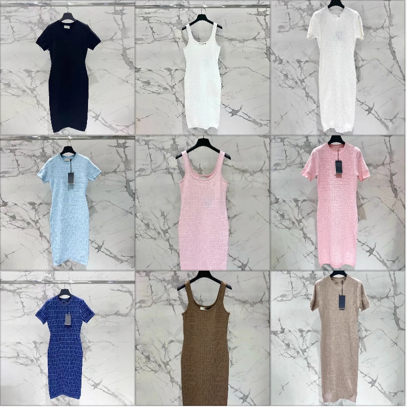 Women Hollow Out Knitted Dress Slimming Round Neck Short Sleeved Temperament Knit Midi Robe for Lady