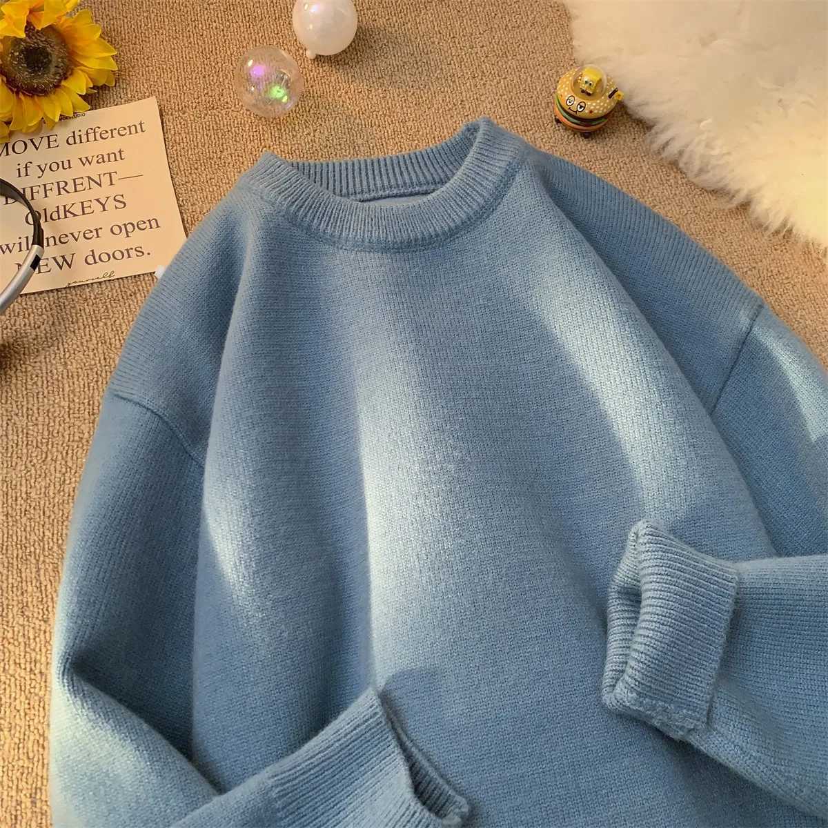 Sweater mens winter loose and lazy style retro thread jacket simple inner layer base knit sweaterZ250918