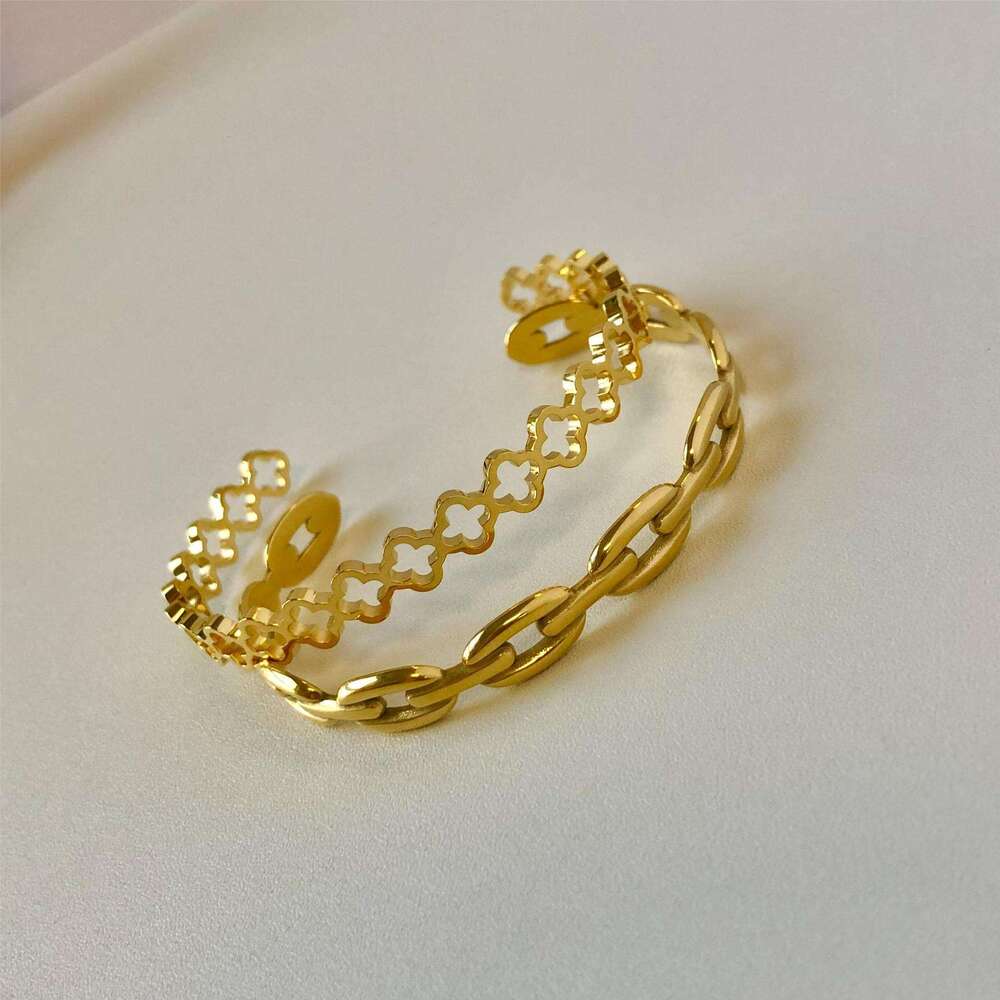 Stainless Steel gold Open Adjustable Hollow Clover Laser Flower Bracelet ddmypluto