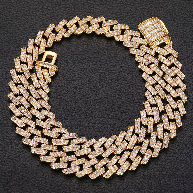 14MM Hip Hop Baguette Iced Out Cuban Link Chain Brass 18K Gold Plated Miami Cuban Link Chain