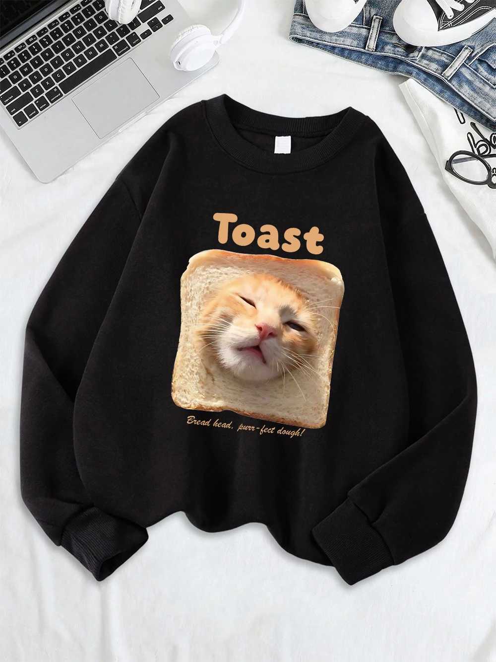 Toast Cat Funny Printing Sweatshirts Womens Winter Hoodie Casual Crewneck Pullover Warm Comfortable Women ClothesZ250918