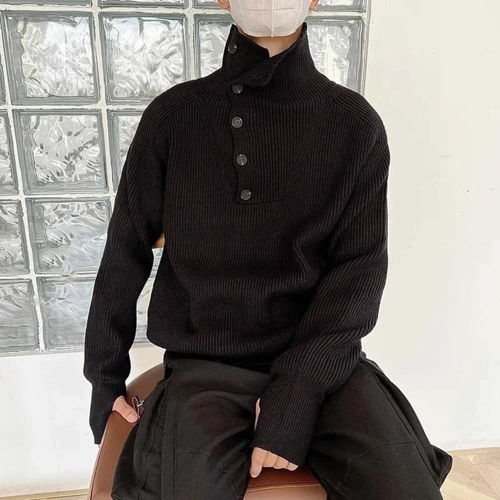 Mens Casual Solid Color Loose Turtleneck Knitted Sweater Genderless Autumn Winter Button Decoration Retro Knitted Sweater UnisexZ250918