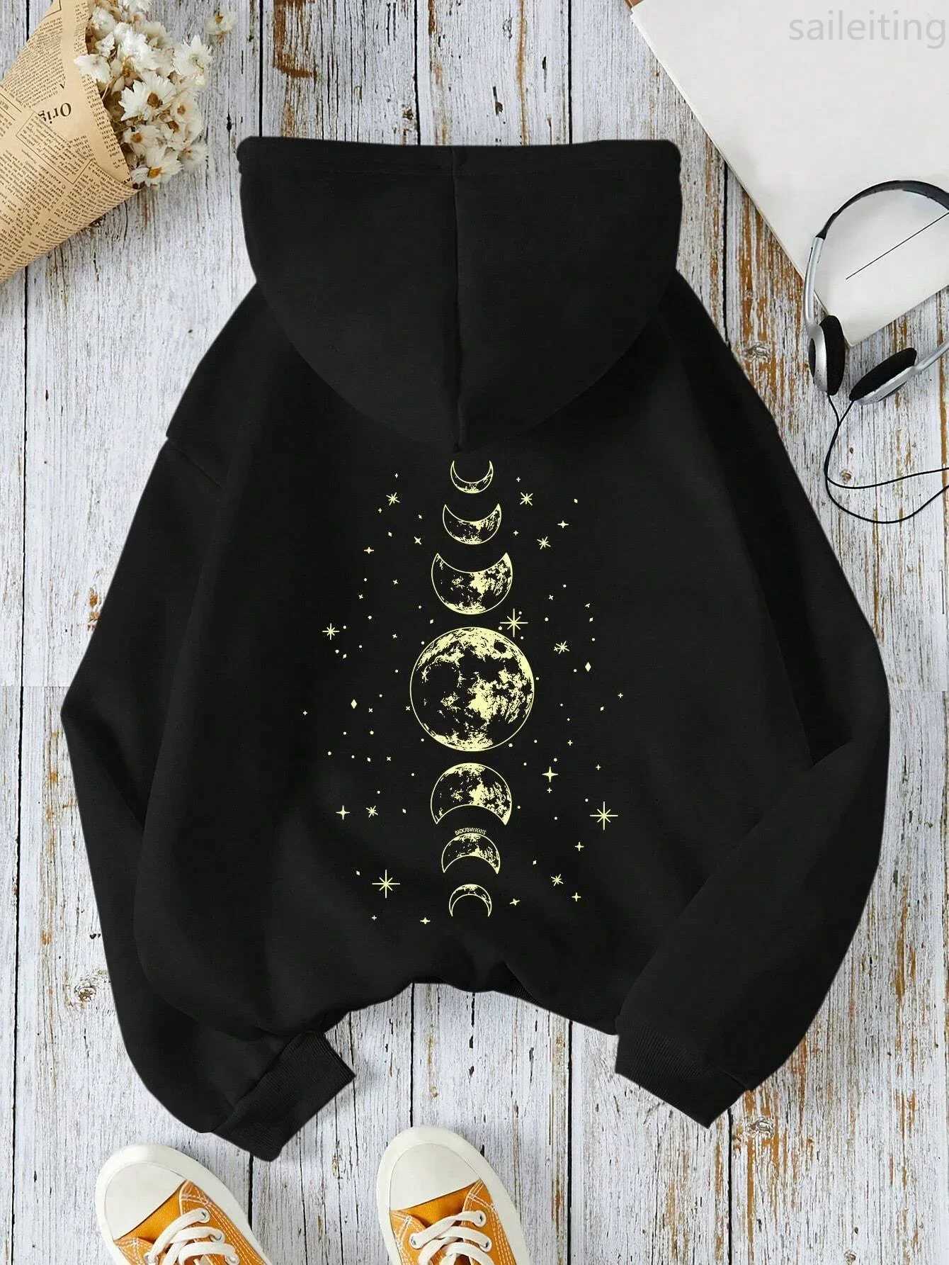 New with Different Moon Prints Front and Back Printed kangaroo pocket Hoodies Casual and Fashionable Womens ClothingZ250918