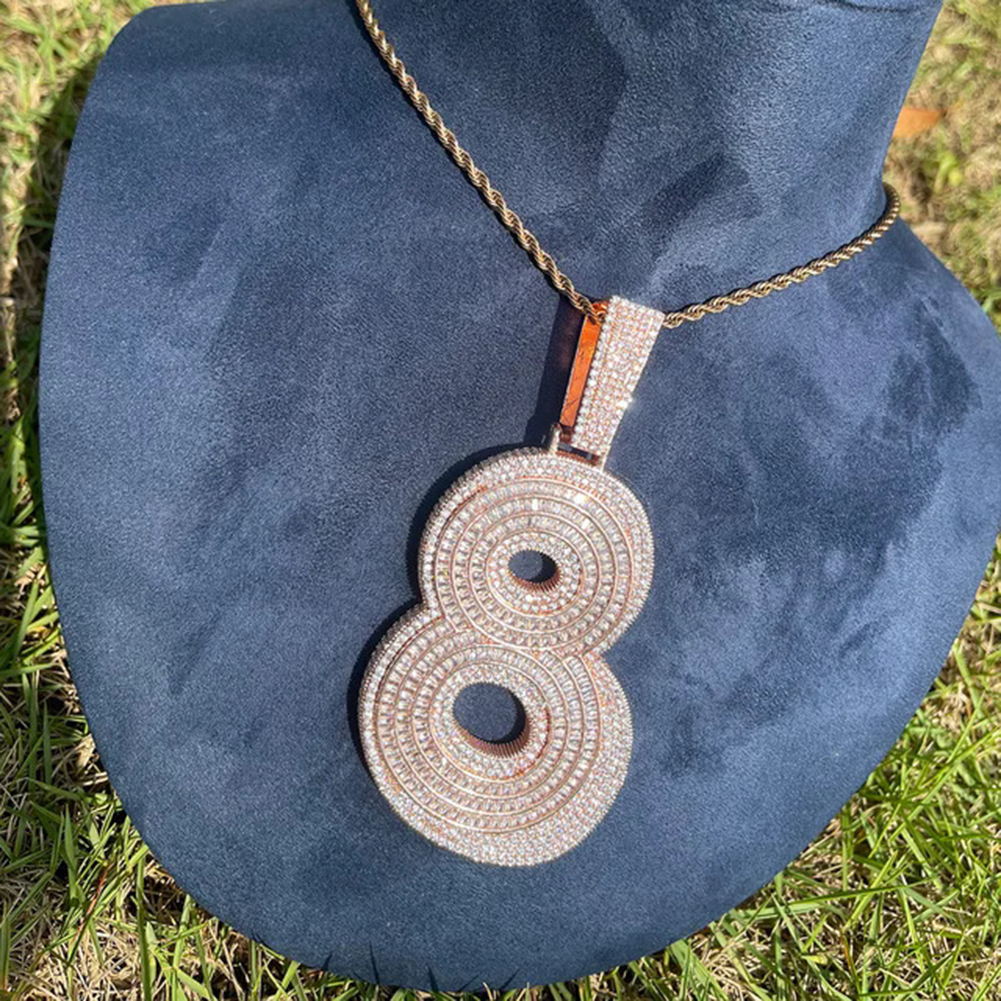 Hip Hop Large 8 Number Pendant Necklace 5A CZ Stones 18k Real Gold Plated Jewelry