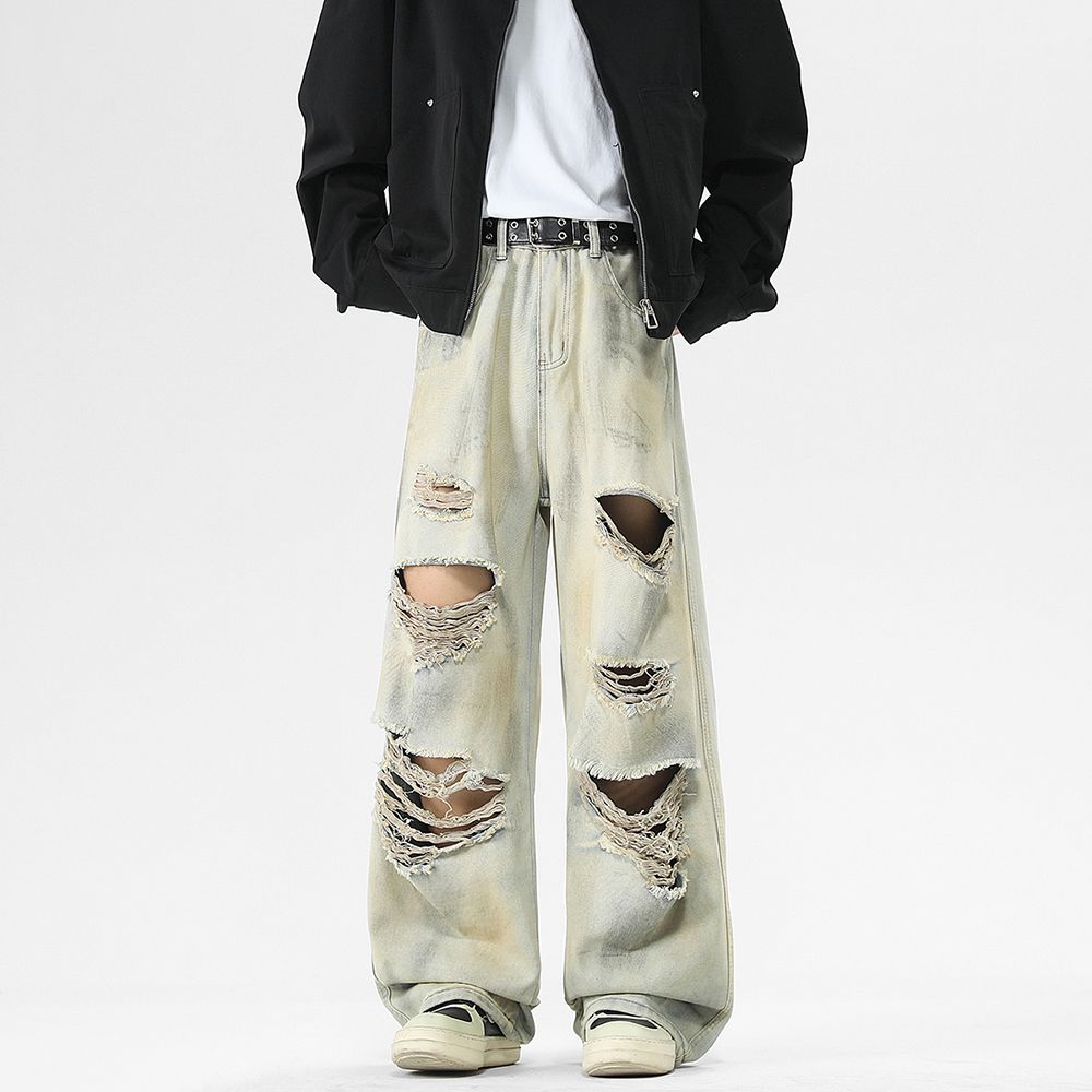 Men's Jeans Autumn and Winter New Arrival - Sickle - cut Dirty Streetwear Trousers with Burn and Ripped Details