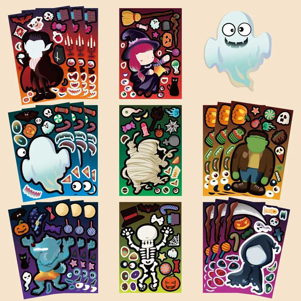 8Sheets Cartoon Halloween Party Puzzle Stickers MakeAFace DIY Assembly Childrens Puzzle Account Material Waterproof Stickers C250918