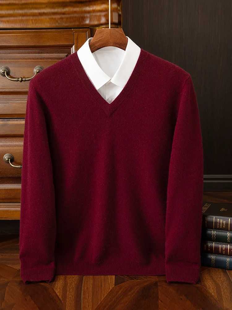 Fashion Mens 100 Cashmere Pullover Sweater Vneck Long Sleeve Thick Pullover Autumn Winter Smart Casual Cashmere Knit ClothingZ250918