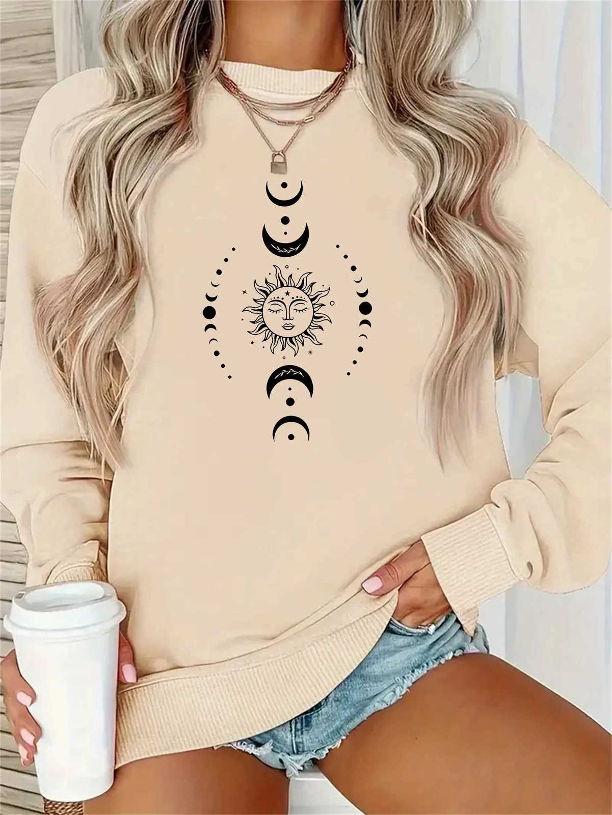 women Hoodies Celestial Moon Sweatshirt Womens Celestial Moon Stars Print Long Sleeve Round Neck Sweatshirt AllZ250918