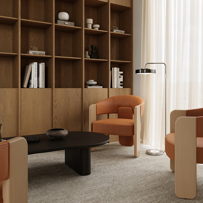 Living Room Furniture Modern Ice - Cream Inspired Tan Leather & Wood Lounge Chair for Living Room Decor