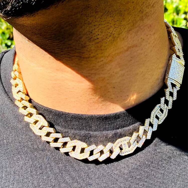 Miami Hiphop 14mm Cuban Chain Bracelet Necklace for Men Moissanite Brass Moissanite Iced Prong Rhombus Cuban Link Gift