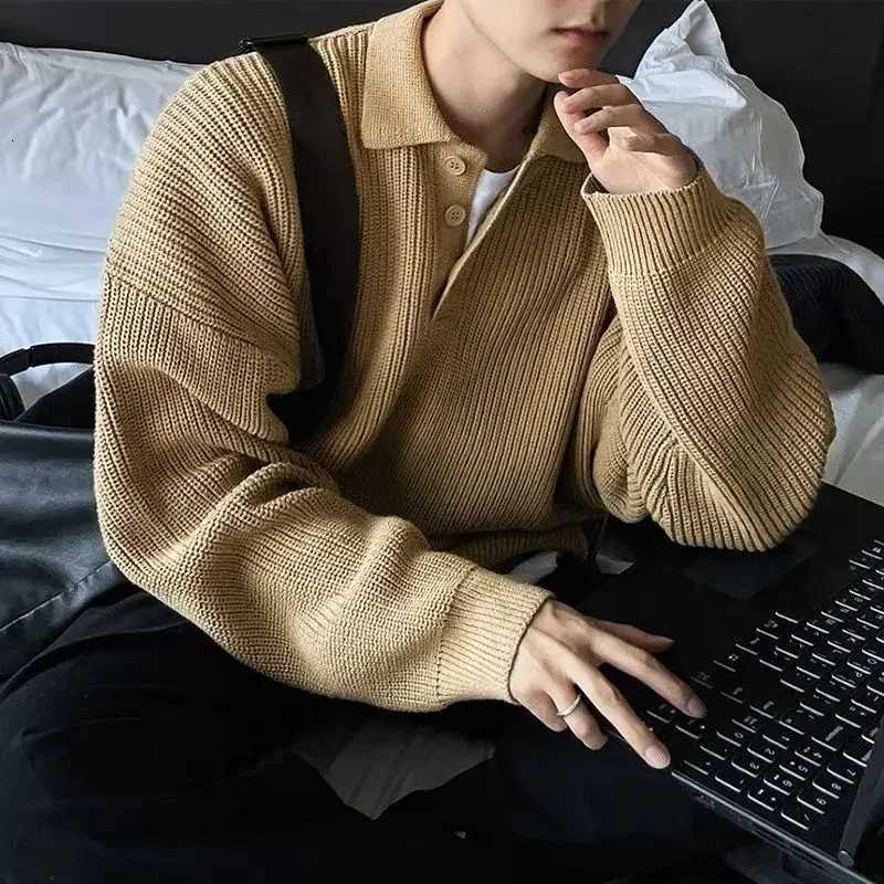 Autumn Winter Polo Neck Sweater Men Loose Retro Casual Turndown Collar Knitwear Korean High Street Versatile Sweater HarajukuZ250918