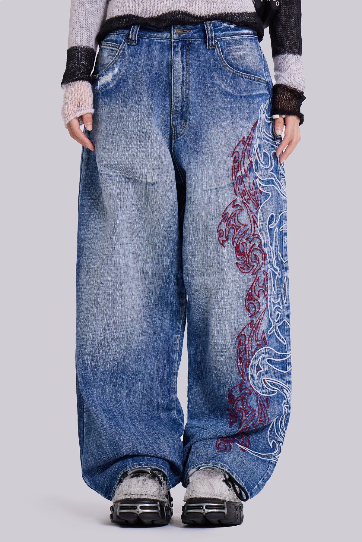 Y2K Embroidery Design Sense Jeans Washed Street Style Hot women and man Wide Leg Pants Loose Long Pants Trendy