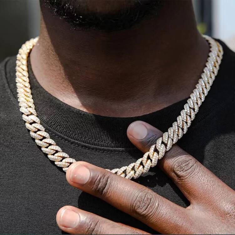 Hip Hop Jewelry 10mm Brass Cubic Moissanite Cuban Link Chain Bracelet Necklace Iced Prong Miami Cuban Chain for Wedding Gifts 05kg