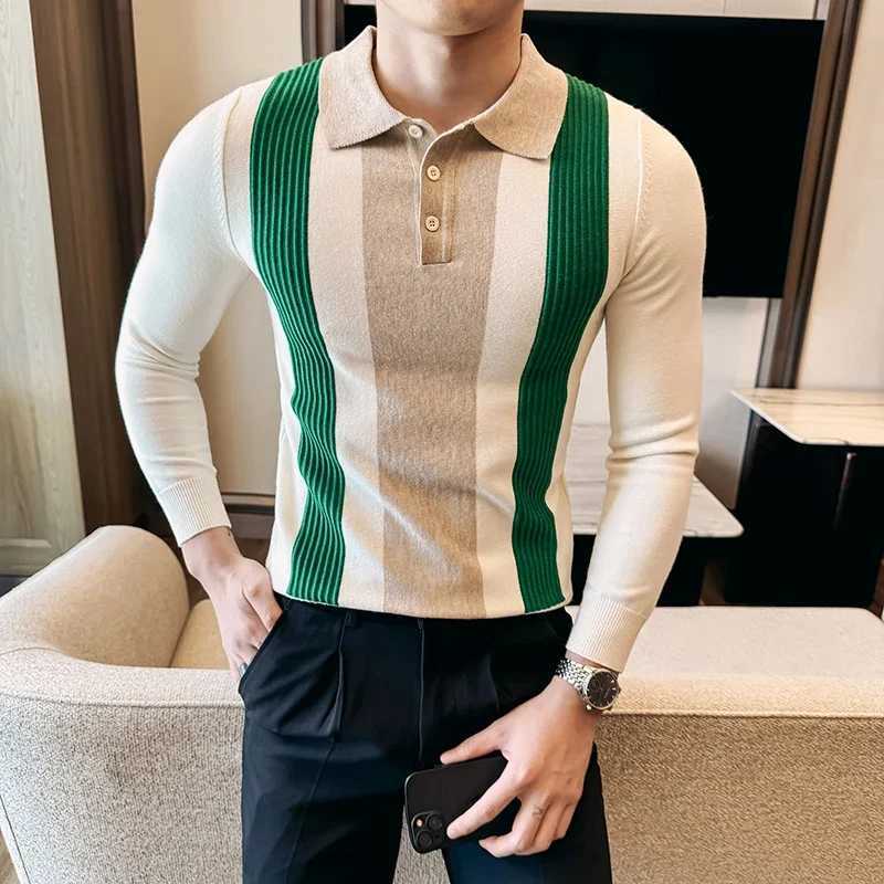 Autumn Winter Mens Knitted Polo Shirts Luxury Long Sleeve Stripe Business Casual Zipper Tshirts Fashion Slim Fit Man SweaterZ250918