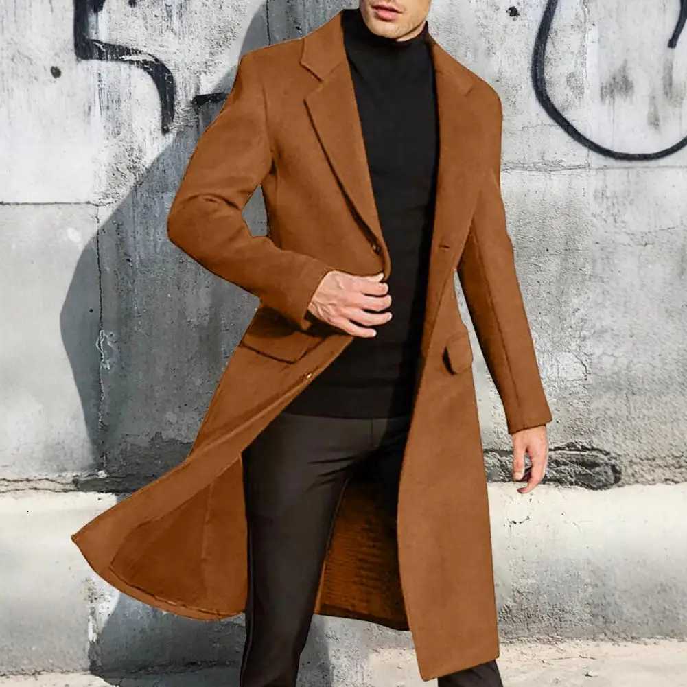 Men Retro Style Windbreaker Woolen Coat Lapel Long Sleeve Buttons Placket Midlength Coat Solid Color Daily Wear Z250918