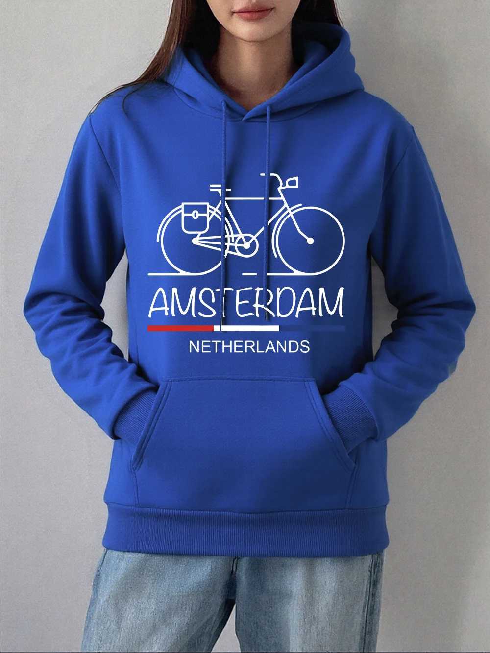 Amsterdam Netherlands Bike Prints Hoodies Women Fashion Pocket Pullovers Casual Loose Sweatshirts Winter Fleece Warm ClothesZ250918