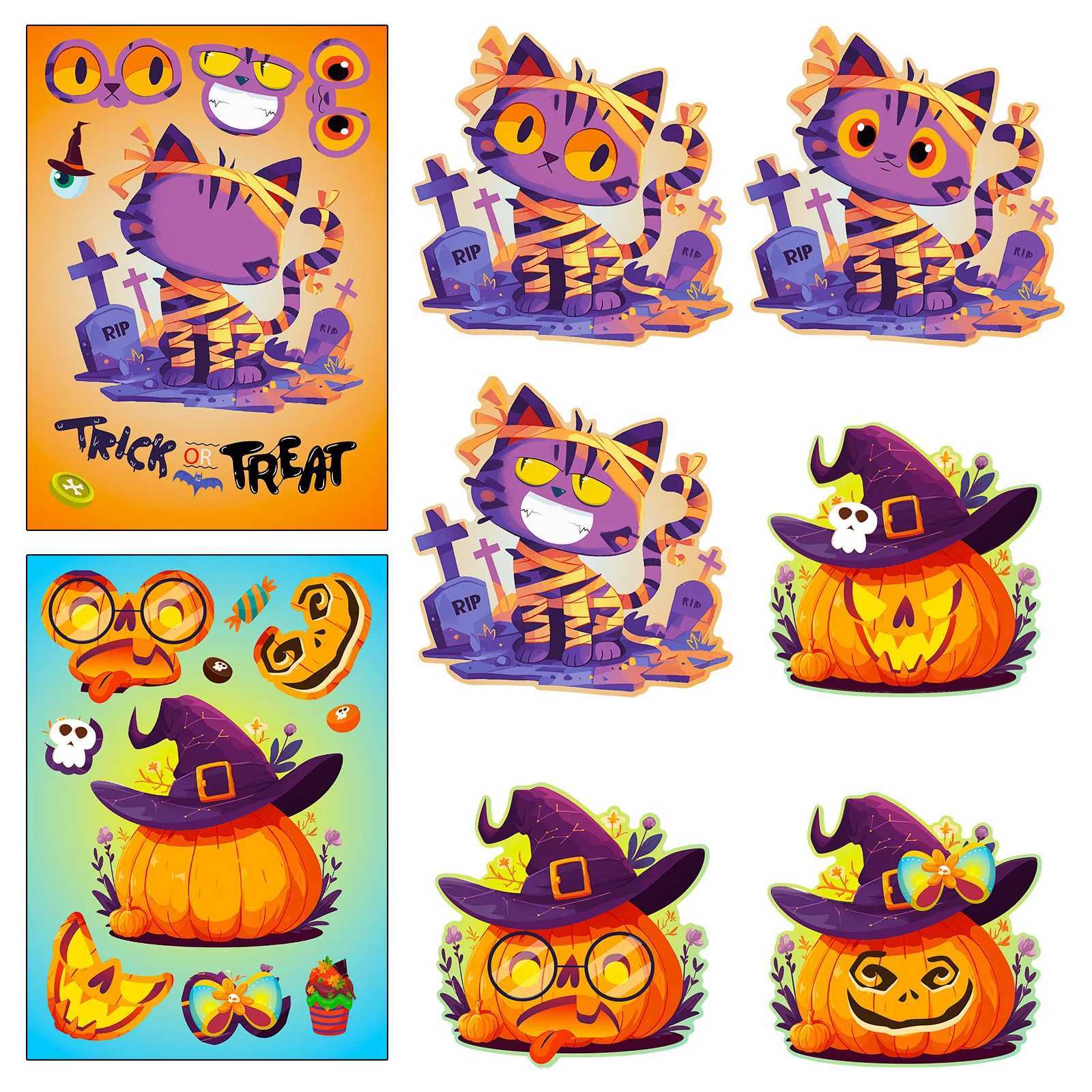 6Sheets Halloween DIY Puzzle Sticker Games 6 Pumpkin Cat Skeleton Make A Face Funny Assemble Jigsaw Sticker Kid Educational Toys C250918