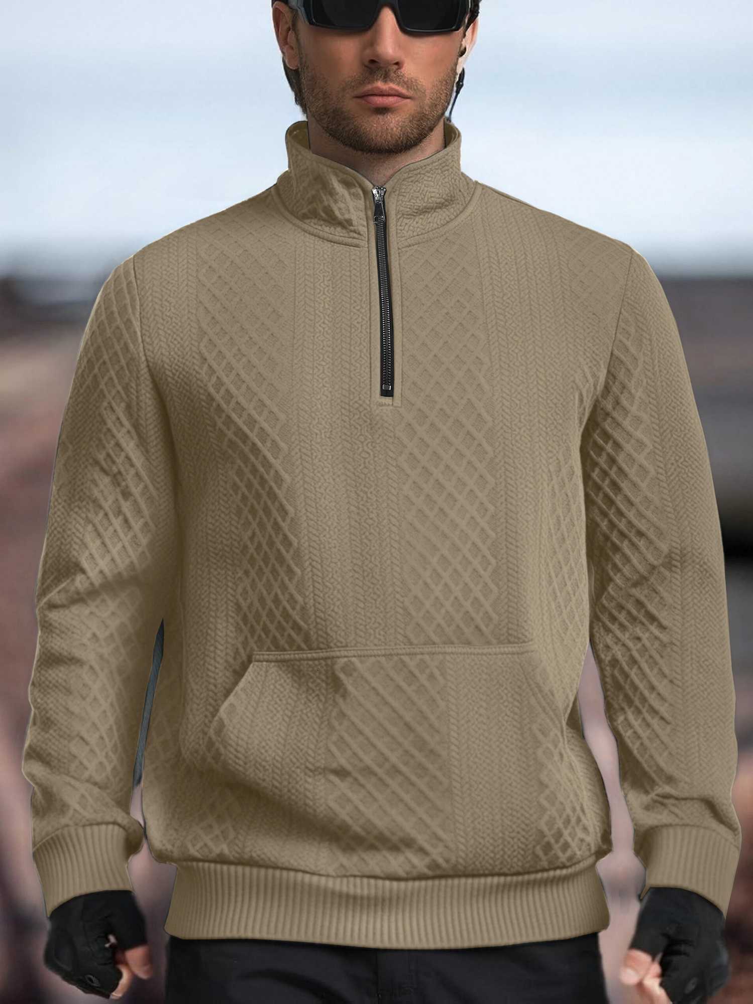 Mens Outdoor Tactical Hunting Sweatshirt Autumn Winter SemiZipped StandUp Collar Textured with Kangaroo Pocket Knitted SweateZ250918