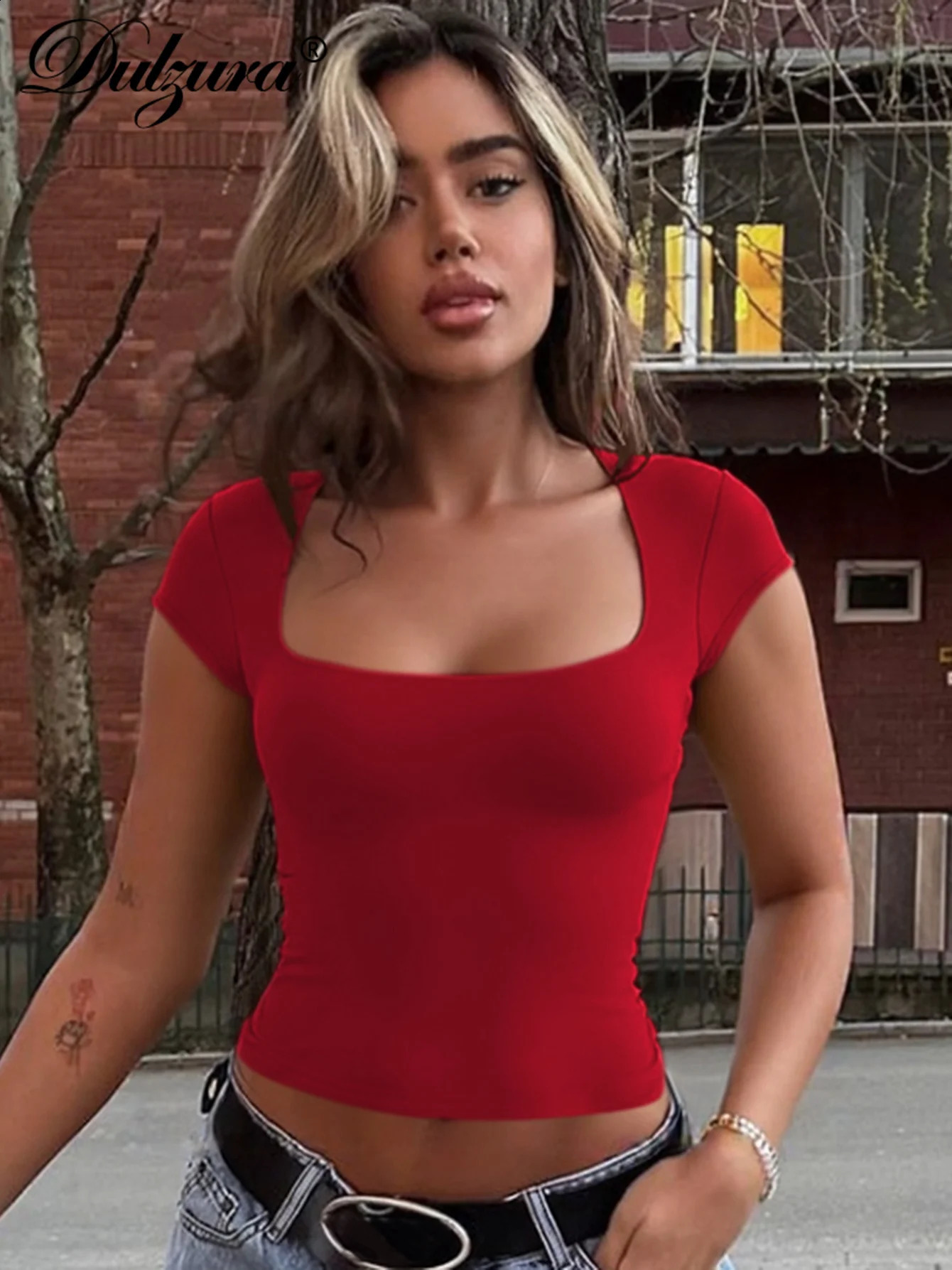 Dulzura Ladies UNeck Short Sleeve Slim Fit TShirt Solid Sexy Casual Y2K Top Party Club Street Spring Summer Clothes Wholesale 250918