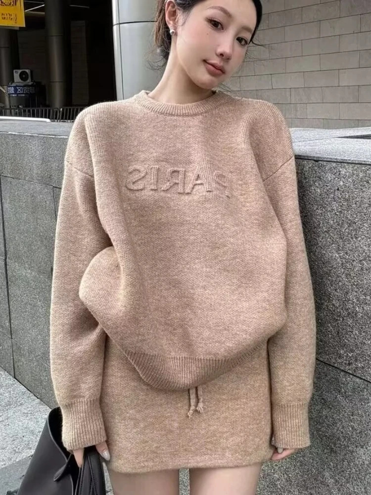 Autumn Winter Lazy Style Loose Long Sleeve Pullover Knitted Sweater Sweatshirt Half Skirt Bodycon Short Skirt Set for Women 250918