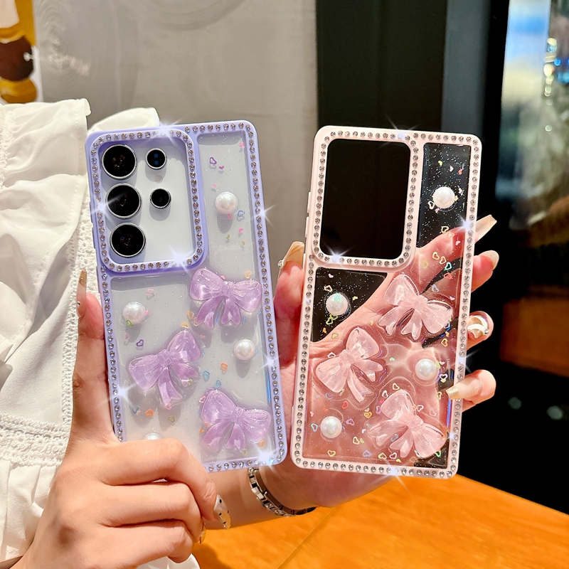 Bow Bling Diamond Cases For Iphone 17 Air 16 15 14 13 Pro Max Samsung S25 Ultra S24 FE A56 A06 A16 A26 A36 A15 Bowknot Glitter Heart Love Beads Hard P