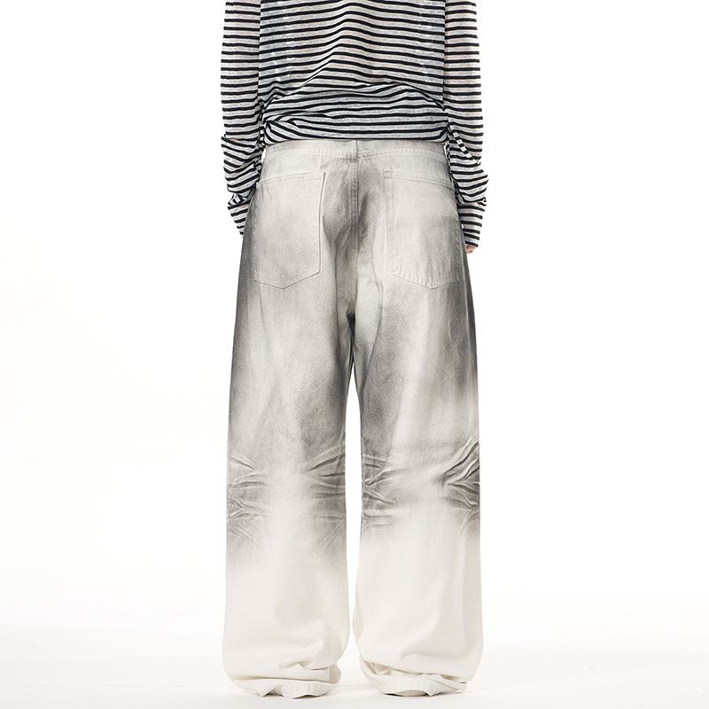 Men's Jeans Retro Niche Jeans - Natural Mud Dyed, Faded Distressed with Creases, Straight Wide - Leg Splatter Painted Dirty Pants