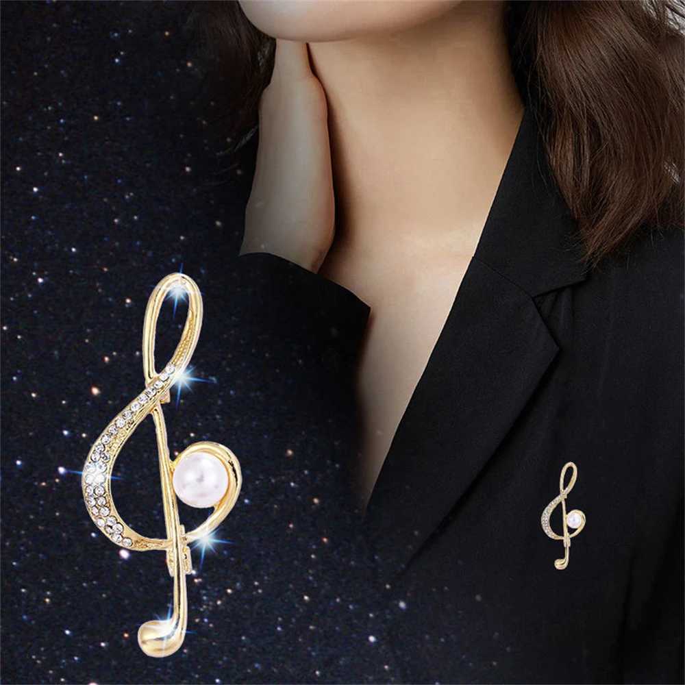 Elegant Rhinestone Musical Note Metal Brooch Fashion Imitation Pearl Corsage Lapel Pins Clothing Jewelry Party Accessories Gift D250918