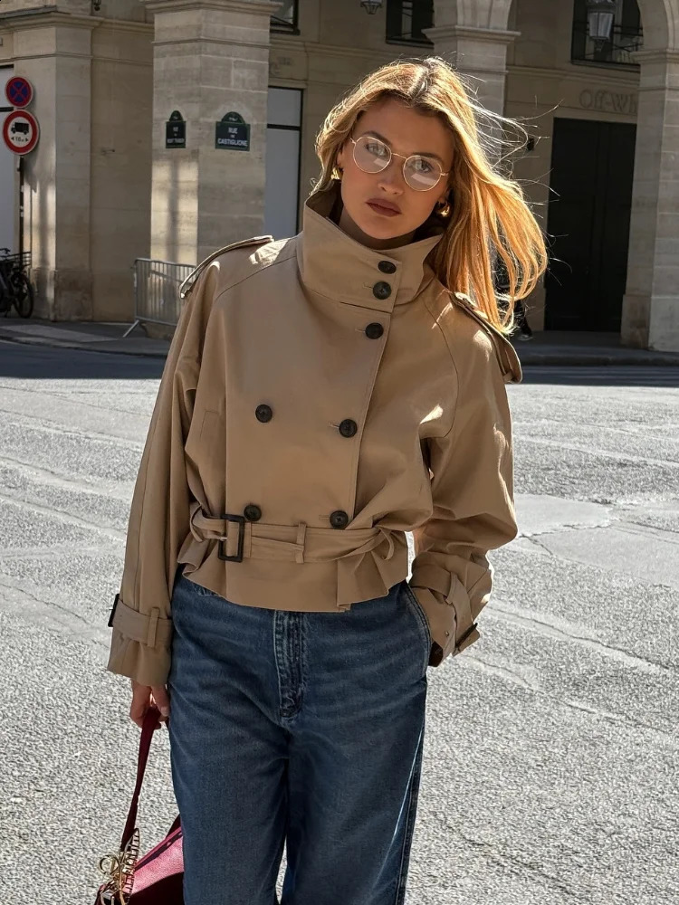 Fashion Solid Womens Cropped Trench with Belt Casual Long Sleeve Stand Collar Female Jackets 2025 Autumn Lady Coats Street 250918