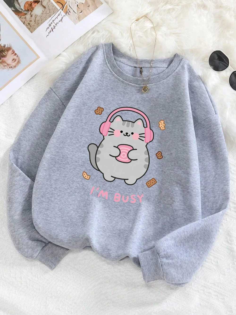 IM Busy Cute Cat Prints Hoodies Womens Comfortable Sweatshirts 2025 Autumn and Winter Hoodie Warm Casual Women ClothesZ250918