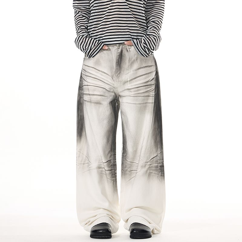 Men's Jeans Retro Niche Jeans - Natural Mud Dyed, Faded Distressed with Creases, Straight Wide - Leg Splatter Painted Dirty Pants