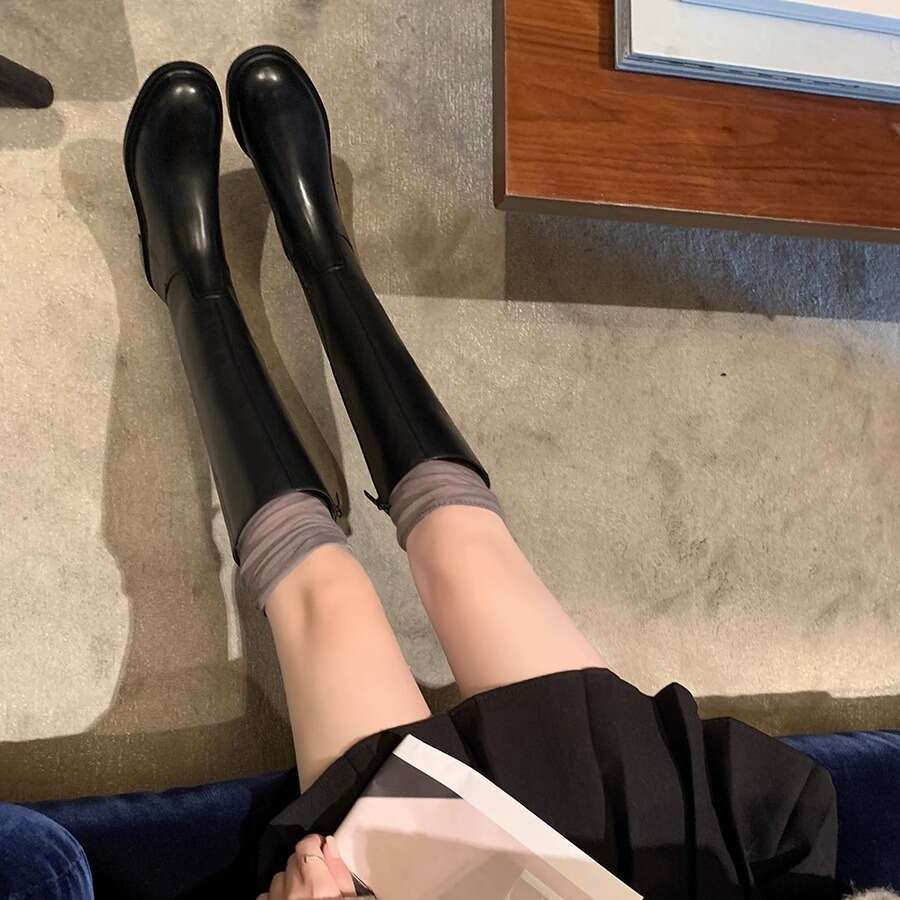 Grape Mom Over-the-Knee 2024 New Fleece-Lined Round Toe Low Heel Side Zipper High Tube Riding Boots for Women