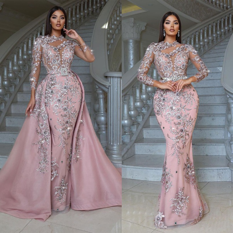 Stunning Pink African Evening Dresses Sheer Jewel Neck Mermaid Long Sleeve Appliques Beads WIth Detachable Train Prom Gown Formal Robes BC19957 9P17