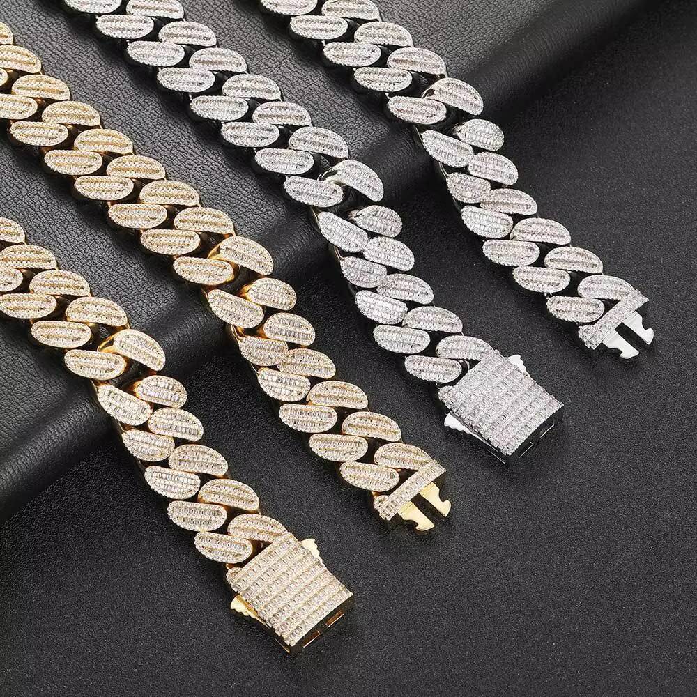 20mm Baguette Two Rows T Shape Bling Moissanite Gold Plated Cuban Necklace 925Silver Curb Link Chain for Wedding Gift Hip