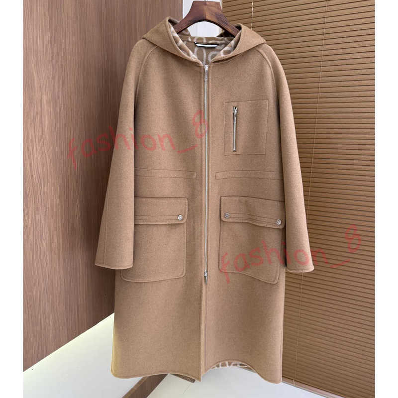 Designer Women's Wool & Blends 2025 Autumn/Winter New Hooded Waist-Cinching Cashmere Coat 100% Cashmere Fabric Classic Pig Nose design wool jacket for women