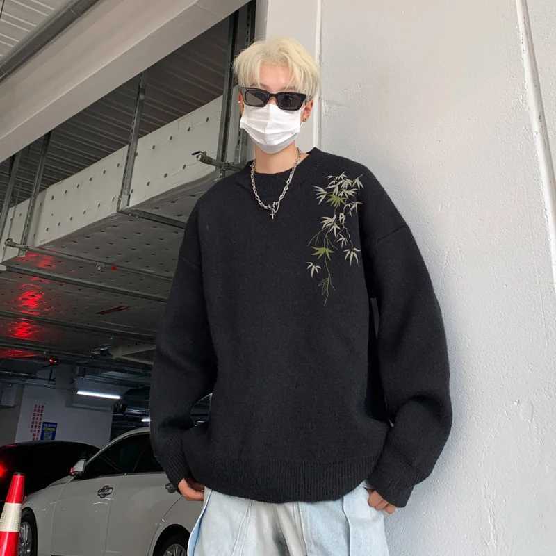 Mens Oversized Sweaters Autumn White Knitted Sweater 5XL Fahion Bamboo Print Casual Wear for Man Knit Pulloves Men ClothesZ250918