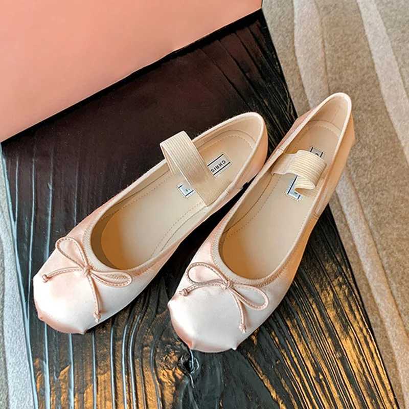 Elastic Band Silk bowtie ballet flats women round toe pink bow loafers soft bottom mary janes female silk big size 43 W250918