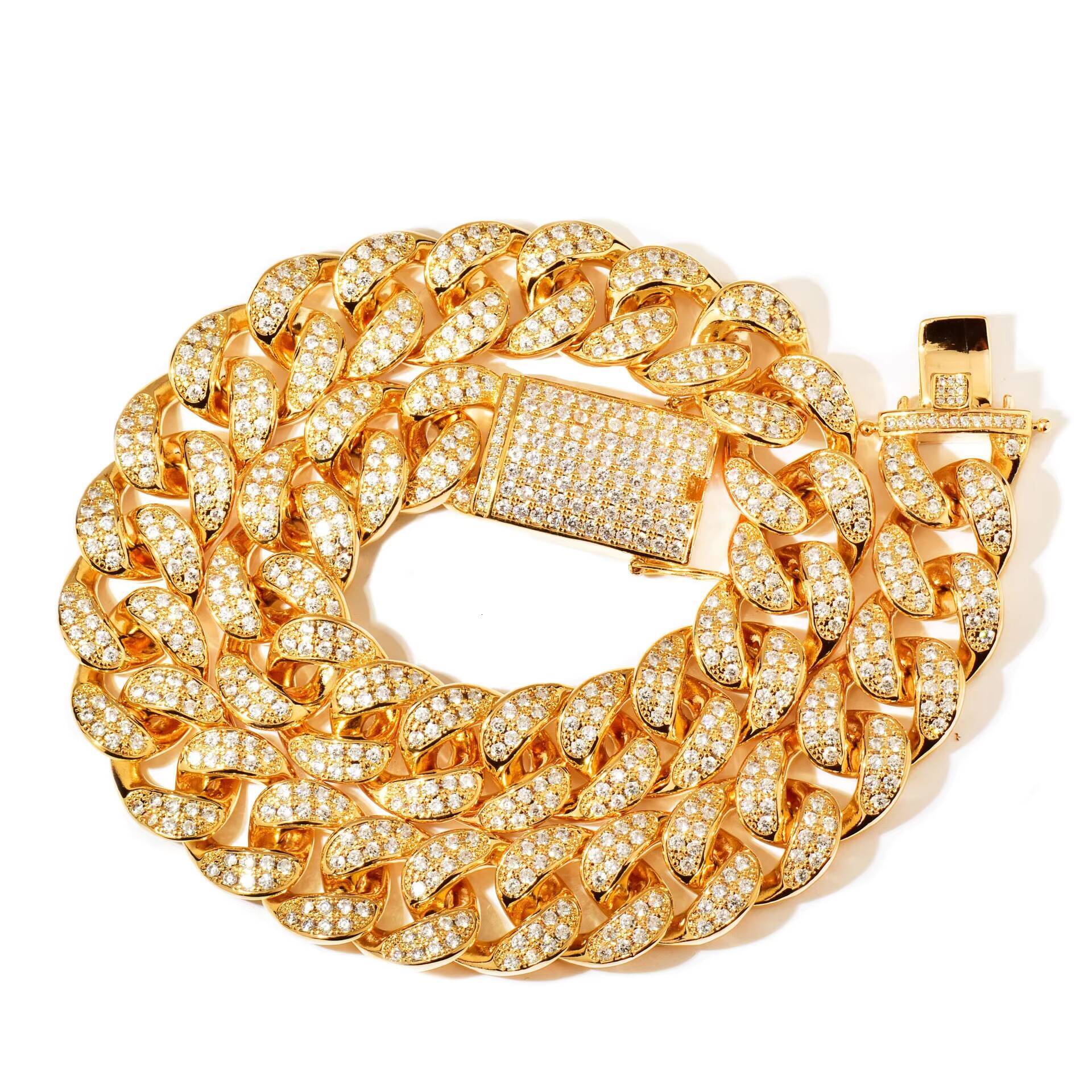 Mens Hip Hop TwoRow Silver Necklace Iced Out Cuban Link Chain with Moissanite Diamond Chic Bracelet Jewelry