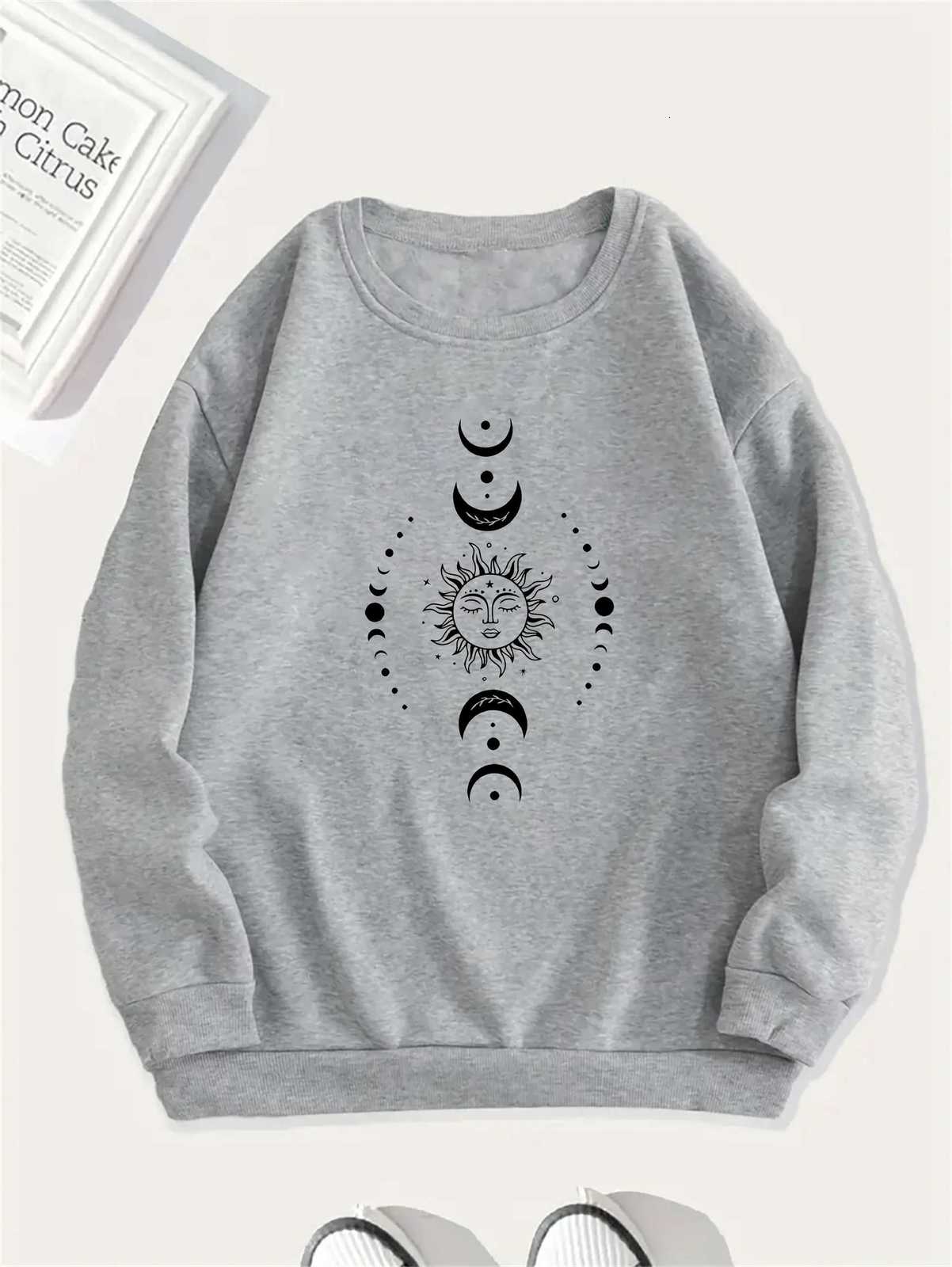 women Hoodies Celestial Moon Sweatshirt Womens Celestial Moon Stars Print Long Sleeve Round Neck Sweatshirt AllZ250918