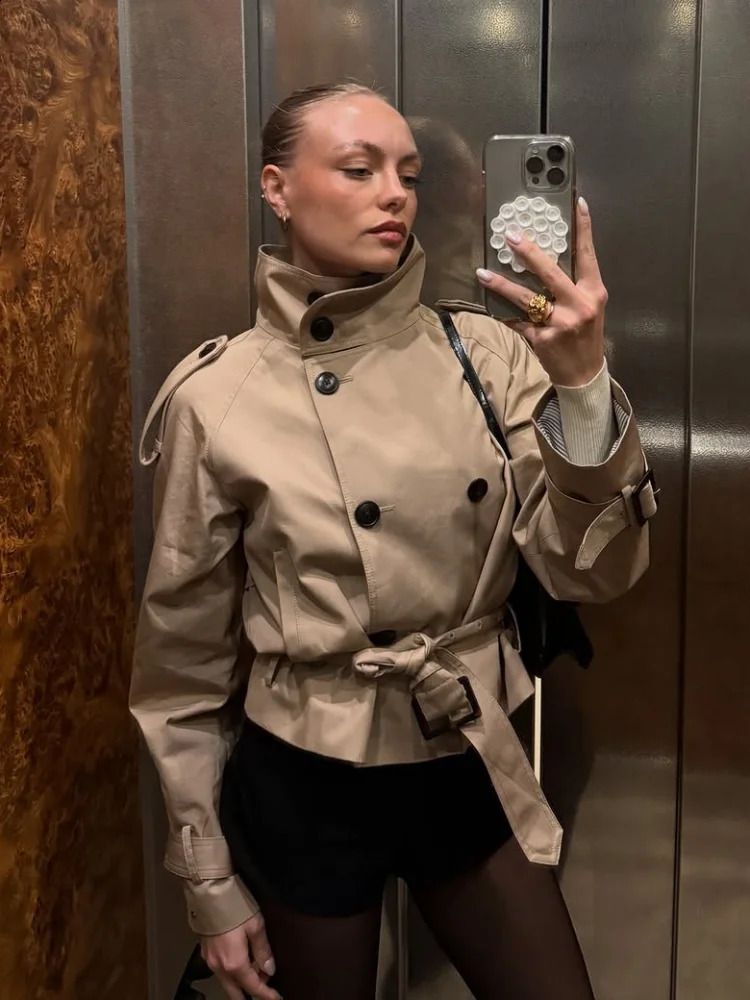 Fashion Solid Womens Cropped Trench with Belt Casual Long Sleeve Stand Collar Female Jackets 2025 Autumn Lady Coats Street 250918