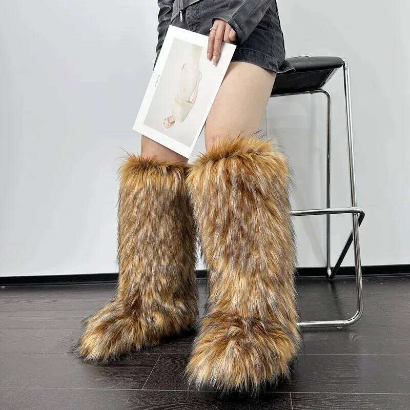 Womens Knee High Fuzzy Faux Fur Soft, Warm, and Comfortable Slip-on Design Furry Boots for Fall Winter