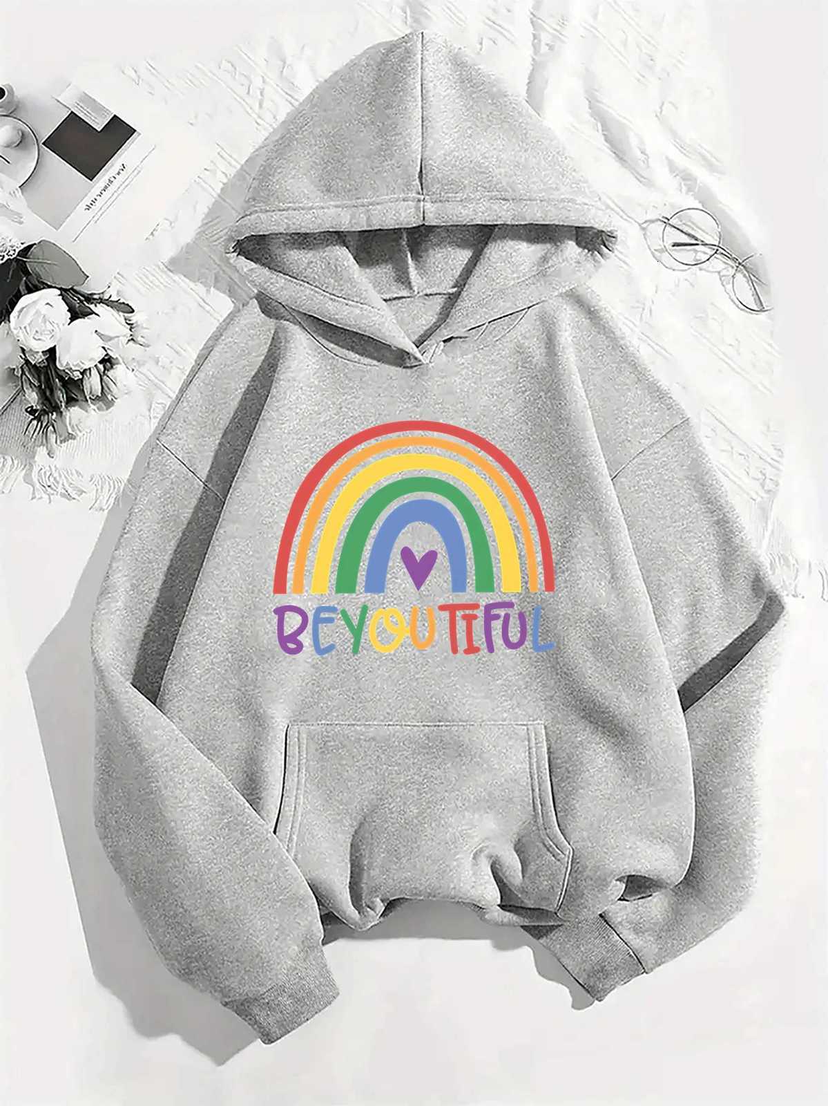 Womens Hoodie with Beautiful Rainbow Beyoutiful Print 2025 New Autumn Winter Top Hooded Long Sleeved Womens Casual ClothingZ250918