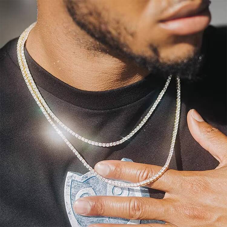 Hiphop Luxury 925 Sterling Silver Tennis Necklace with VVS Moissanite Diamond Baguette Chain 3mm 4mm 5mm Sizes Gold Finish