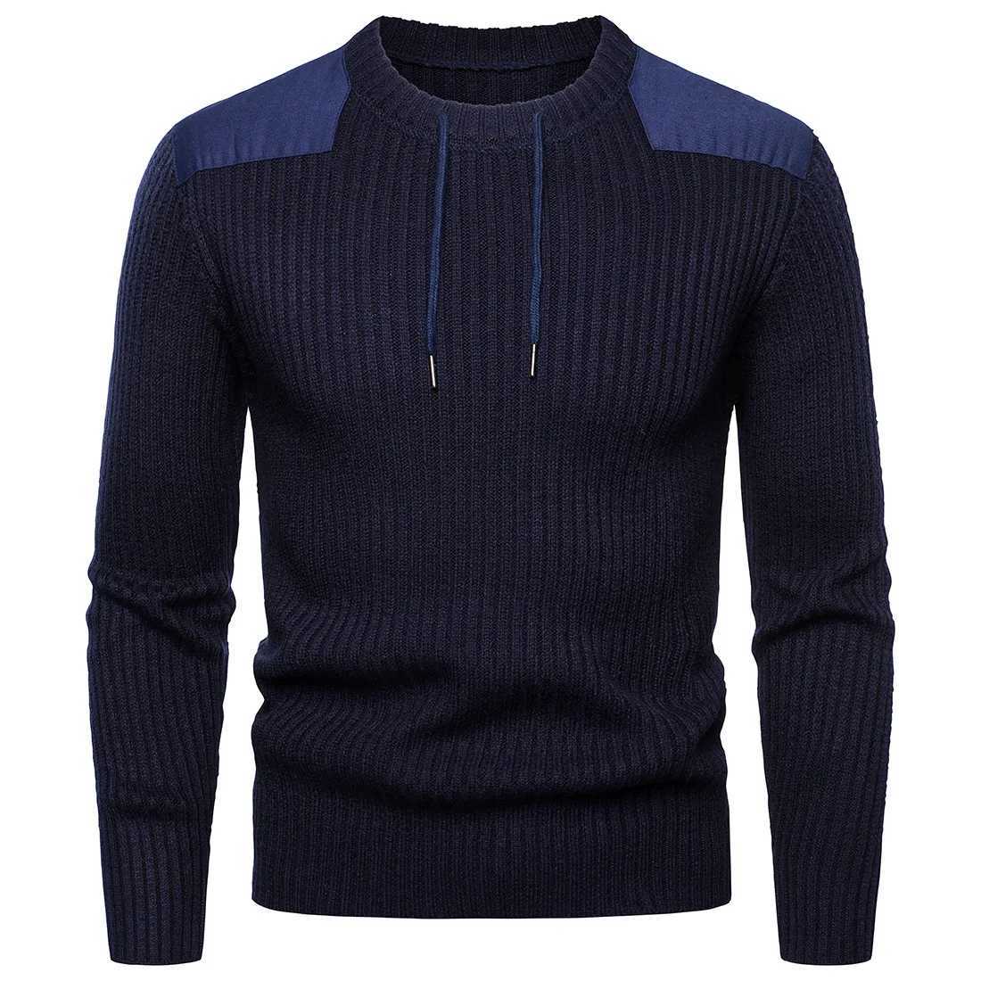 Autumn and Winter Mens Solid Color Pullovers Splicing Sweater British Bottomed Knitted SweatersZ250918