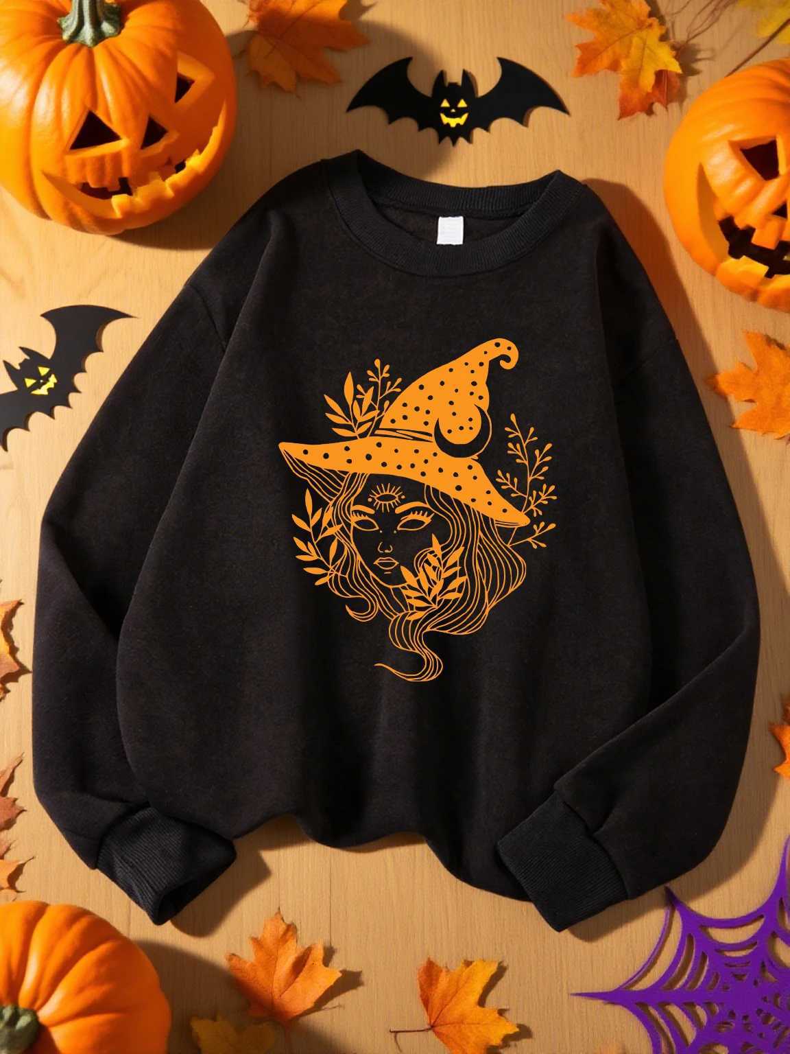 A Lady Wearing Witch Hat Pattern Pullover Womens Soft Loose Sweatshirt AutumnCasual Streetwears Sport Y2K Sweatshirts CoupleZ250918